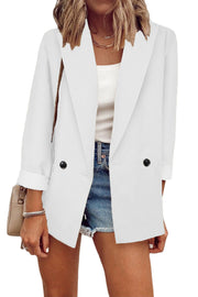 Damen Lockerer Longline-Blazer mit aufgekrempelten Ärmeln und zweireihiger Knopfleiste Nord Taschen – Weiß