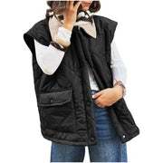Damen Oversize Steppweste mit Druckknopf-Taschen und hohem Kragen Nord Taschen – Schwarz