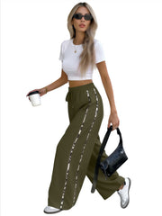 Damen Weite High‑Waist Loungehose mit Kordelzug und kontrastierenden Seitenstreifen Nord Taschen – Olivgrün