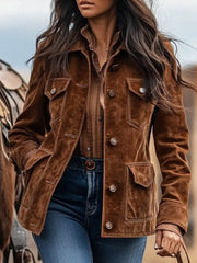 Damen Wildlederjacke im Westernstil mit Knopfleiste und Pattentaschen Nord Taschen – Braun