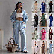 Damen Zweiteiliges Lounge-Set Oversize-Bluse mit Brusttasche und weiter Palazzo-Hose Nord Taschen – Gewicht S:500g–XXL:580g