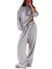 Damen Gestreiftes Lounge-Set aus weichem Baumwoll-Mix mit weitem Bein Nord Taschen – Grau