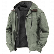 Herren Gefütterte Kapuzen-Lederjacke mit Teddyfutter und Brustreißverschlusstasche Nord Taschen – Olivgrün