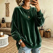 Damen Oversize-Samtpullover mit weitem Schnitt und geripptem Saum Nord Taschen – Dunkelgrün