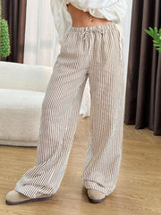 Damen Weite Highwaist-Hose mit Tunnelzug Streifen-Leinenoptik und Eingrifftaschen Nord Taschen – Khaki
