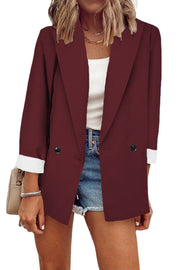 Damen Lockerer Longline-Blazer mit aufgekrempelten Ärmeln und zweireihiger Knopfleiste Nord Taschen – Weinrot