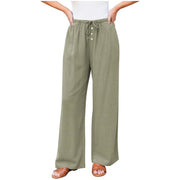 Damen Leinenoptik-Hose mit weitem Bein, Gummizug-Taille, Tunnelzug und Knopfdetail Nord Taschen – Erbsengrün