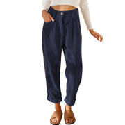 Damen lässige Cordhose mit hoher Taille, lockerer Tapered-Passform und umgeschlagenem Saum Nord Taschen – Dunkelblau