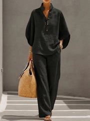Damen Leichtes Leinen-Loungewear-Set mit Stehkragen Knopfleiste und weitem Marlene-Schnitt Nord Taschen – Schwarz