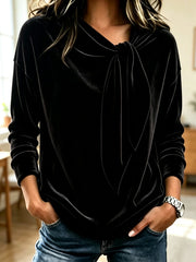 Damen Drapiertes Velours-Sweatshirt mit Knotenschalkragen Nord Taschen – Schwarz