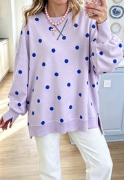 Damen Oversize-Sweatshirt mit Puffärmeln, Polka-Dots und Seitenschlitzen Nord Taschen – Lavendel