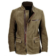 Herren Lederjacke mit hohem Stehkragen und asymmetrischem Zweiwege-Reißverschluss Nord Taschen – Khaki-Grün