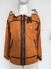 Damen Wildlederoptik Fliegerjacke mit Kunstfellkapuze und Schnallen Nord Taschen – Braun