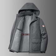 Herren gefütterte Softshell-Winterjacke mit Kapuze und Multifunktionstaschen – Grau