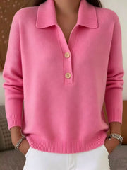 Damen lässiger Feinstrickpullover mit Polokragen und Zwei-Knopf-Leiste Nord Taschen – Fuchsia