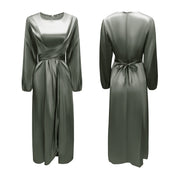 Damen Elegantes Maxikleid aus Satin mit Wickel-Detail, Langarm und Taillenband Nord Taschen – Grün