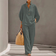 Damen Leichtes Leinen-Loungewear-Set mit Stehkragen Knopfleiste und weitem Marlene-Schnitt Nord Taschen – Grau