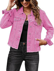 Damen Kurz geschnittene Denim-Jacke mit fransigem Saum und Brusttaschen Nord Taschen – Fuchsia