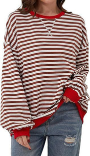 Damen Gestreifter Oversize Pullover mit Kontrastbündchen Nord Taschen – Rot - Sofortversand