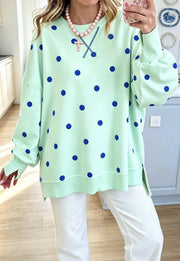 Damen Oversize-Sweatshirt mit Puffärmeln, Polka-Dots und Seitenschlitzen Nord Taschen – Mintgrün
