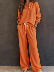 Damen Waffelstrick-Loungewear-Set mit Henley-Oberteil und weiter Kordelbundhose Nord Taschen – Orange