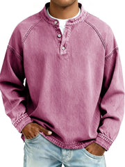 Herren Langarm-Henley Sweatshirt mit Stehkragen und Vintage-Denim-Effekt Nord Taschen – Rosa