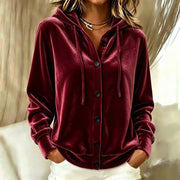Damen Oversize Samt-Kapuzenjacke mit elastischem Saum und weiten Ärmeln Nord Taschen – Weinrot
