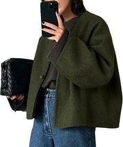 Damen Kurz geschnittene Oversize Wolljacke mit kastigem Schnitt und Ein-Knopf-Verschluss Nord Taschen – Olivgrün
