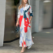 Damen Langes Hemdblusenkleid mit abstraktem Pinselprint und seitlichen Eingrifftaschen Nord Taschen – Weiße Basis - Rot - Tagesversand
