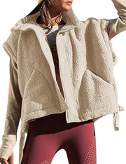Damen Oversized Teddyweste mit Stehkragen, Druckknopfverschluss und Tunnelzug Nord Taschen – Cremeweiß