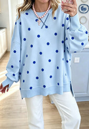 Damen Oversize-Sweatshirt mit Puffärmeln, Polka-Dots und Seitenschlitzen Nord Taschen – Azurblau