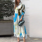 Damen Langes Hemdblusenkleid mit abstraktem Pinselprint und seitlichen Eingrifftaschen Nord Taschen – Weißer Grund - Hellblau - Versand heute