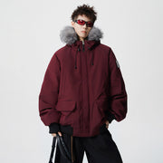Herren Wattierter Oversize-Parka mit Kunstfellkapuze und Utility-Taschen Nord Taschen – Bordeauxrot
