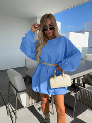 Damen Sweatkleid mit Ballonärmeln und Taillengürtel Nord Taschen – Himmelblau - Versand am selben Tag