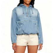 Damen Oversize Jeans-Hoodie mit halbem Reißverschluss, Kängurutasche und elastischem Saum Nord Taschen – Hellblau