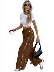 Damen Weite High‑Waist Loungehose mit Kordelzug und kontrastierenden Seitenstreifen Nord Taschen – Kaffeebraun