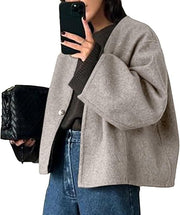 Damen Kurz geschnittene Oversize Wolljacke mit kastigem Schnitt und Ein-Knopf-Verschluss Nord Taschen – Apricot