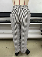 Damen Weite Highwaist-Hose mit Tunnelzug Streifen-Leinenoptik und Eingrifftaschen Nord Taschen – Produktfoto