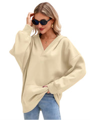 Damen Oversize V-Ausschnitt Hoodie mit Kapuze, Kängurutasche und verlängertem Saum Nord Taschen – Cremeweiß