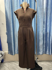 Damen Jumpsuit mit weitem Bein, tailliertem Wickelbund und Stehkragen Nord Taschen – Produktfoto