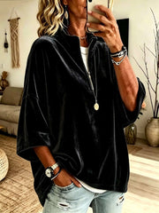 Damen Oversize Samt-Pullover mit kurzem Reißverschluss und Stehkragen Nord Taschen – Schwarz