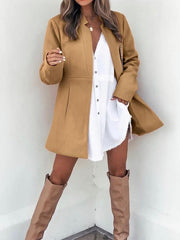 Damen Longline Blazermantel mit taillierter Teilungsnaht und cleanem V‑Ausschnitt Nord Taschen – Khaki