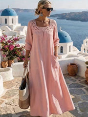 Damen Maxikleid mit gehäkeltem Quadrat-Ausschnitt, dreiviertel Ärmeln und Eingrifftasche Nord Taschen – Rosa