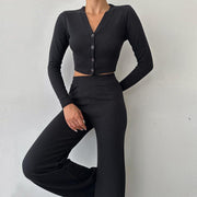 Damen Enganliegendes Crop Top Und High Waist Hosen Set – Zweiteiler Mit Knöpfen – Schwarz