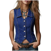 Damen Taillierte Jeansweste mit spitzem Saum und Knopfleiste Nord Taschen – Dunkelblau