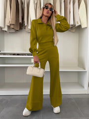 Damen Zweiteiliges Lounge-Set mit Polokragen und taillenhoher Palazzohose Nord Taschen – Oliv - Versand in 24 Std.