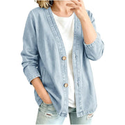 Damen Oversize Jeansjacke im Kimono-Stil mit Holzknöpfen Nord Taschen – Hellblau