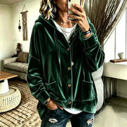 Damen Oversize Kapuzen-Samtjacke mit Knopfleiste und aufgesetzten Taschen Nord Taschen – Dunkelgrün