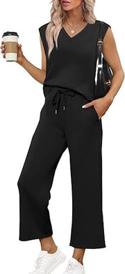 Damen Lässiges Zweiteiliges Lounge-Set mit Ärmellosem V-Neck-Top und Weiten Kordelbund-Hosen Nord Taschen – Schwarz