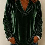 Damen Samt-Longsleeve mit tiefem V-Ausschnitt und lässigem Saum Nord Taschen – Dunkelgrün